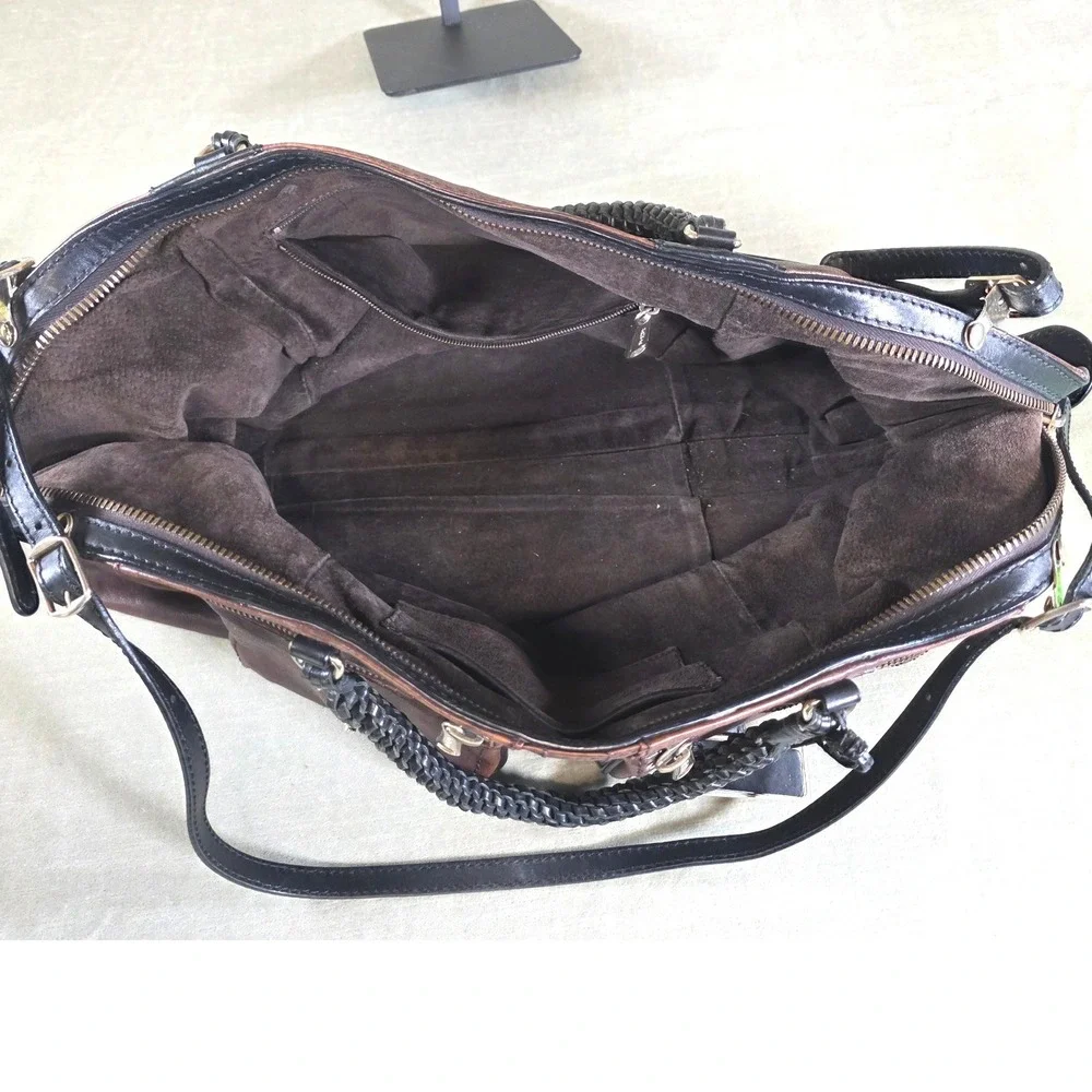 Gryson Joy Brown Black Leather Satchel Bag Made in Italy Moto Cargo Large